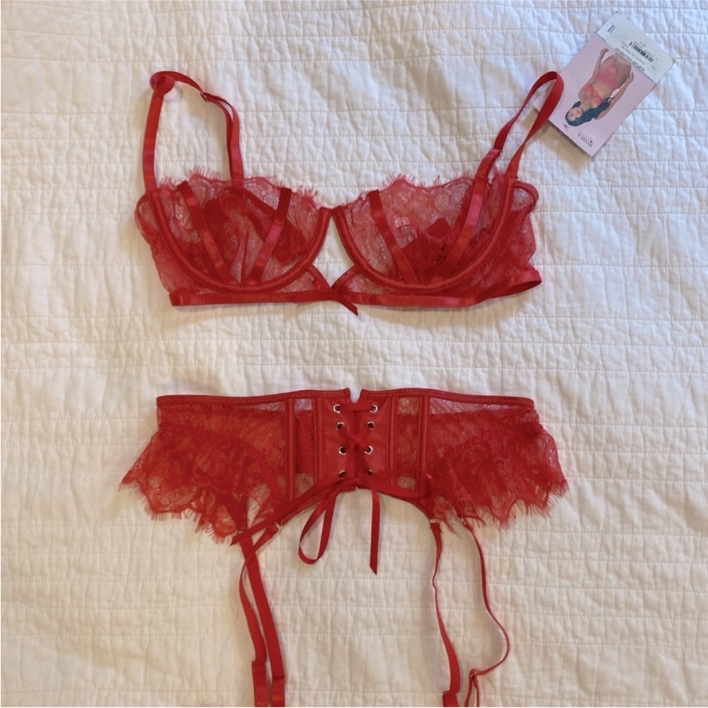 Hustler Hollywood 3-piece lace lingerie set. Red bra, panties and a garter belt.